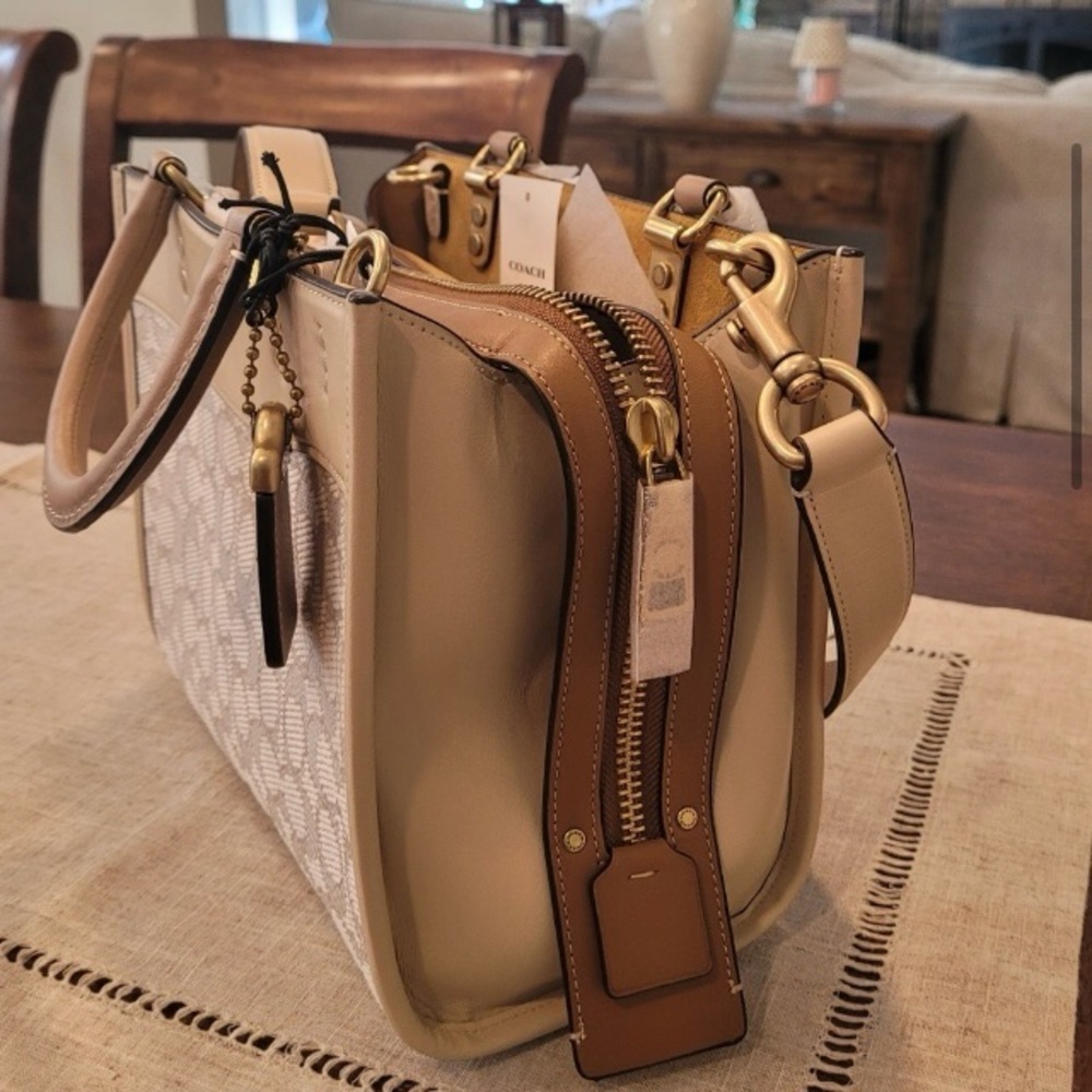 Coach Rogue 25 Signature Taupe Chalk Leather Canvas Shoulder Crossbody Bag - Picture 4 of 8